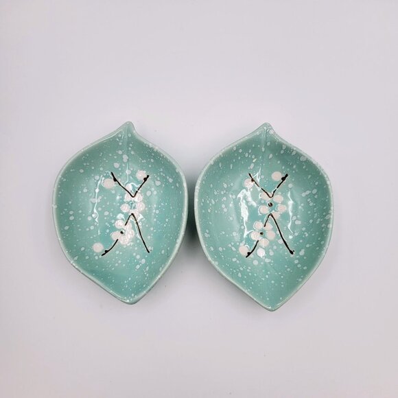 Japanese Teal Leaf Saucer Sauce Trinket Dish Floral Speckled Dipping Candy Foot - Picture 3 of 9